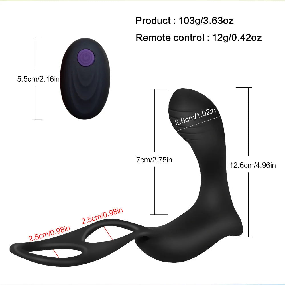 Anello fallico per pene e scroto con inserto plug vibrante, Tripla stimolazione.