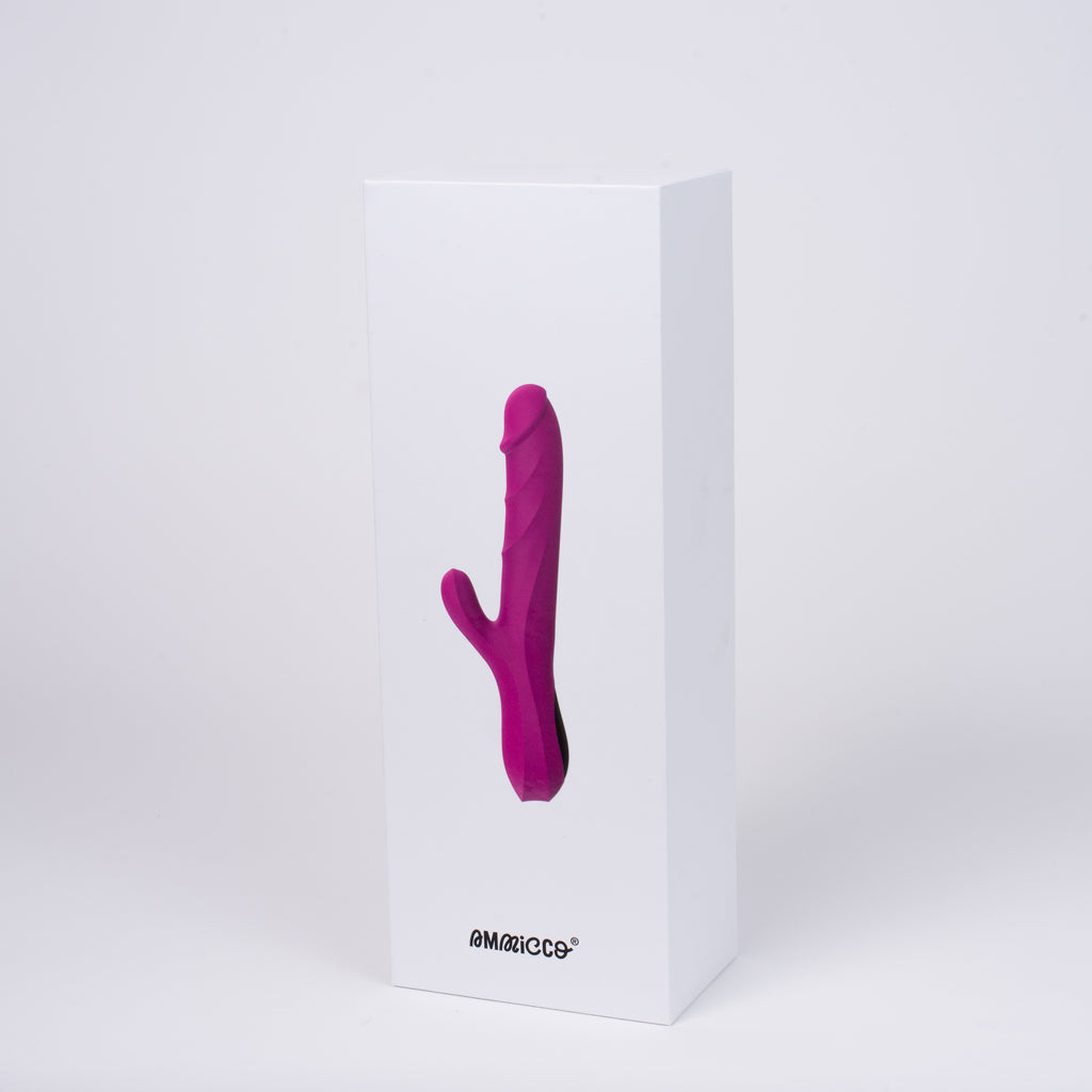 Vibratore Rabbit 'Ames' dalla forma realistica: sex toy a doppia stimolazione vaginale e clitoridea, multi-vibrazione, forma realistica ed ergonomica. Materiale: Silicone/ABS; Marca Produttore: Ammicco.