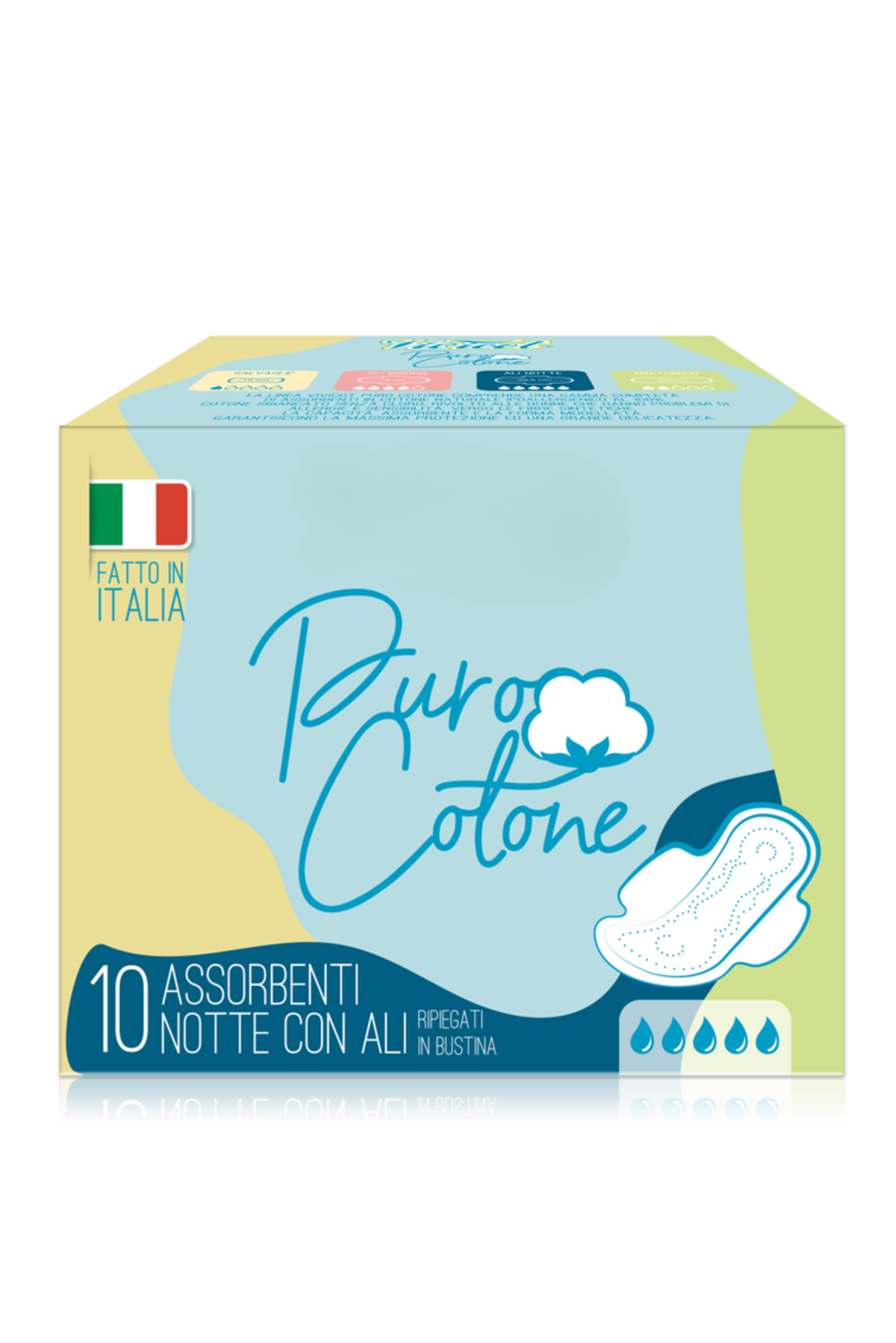 Kit di 14 assorbenti giorno, 10 assorbenti notte e 20 salvaslip. Puro cotono, completamente vegano e cruelty-free. 