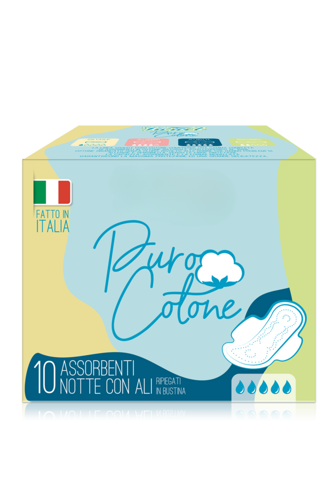 Kit di 14 assorbenti giorno, 10 assorbenti notte e 20 salvaslip. Puro cotono, completamente vegano e cruelty-free. 