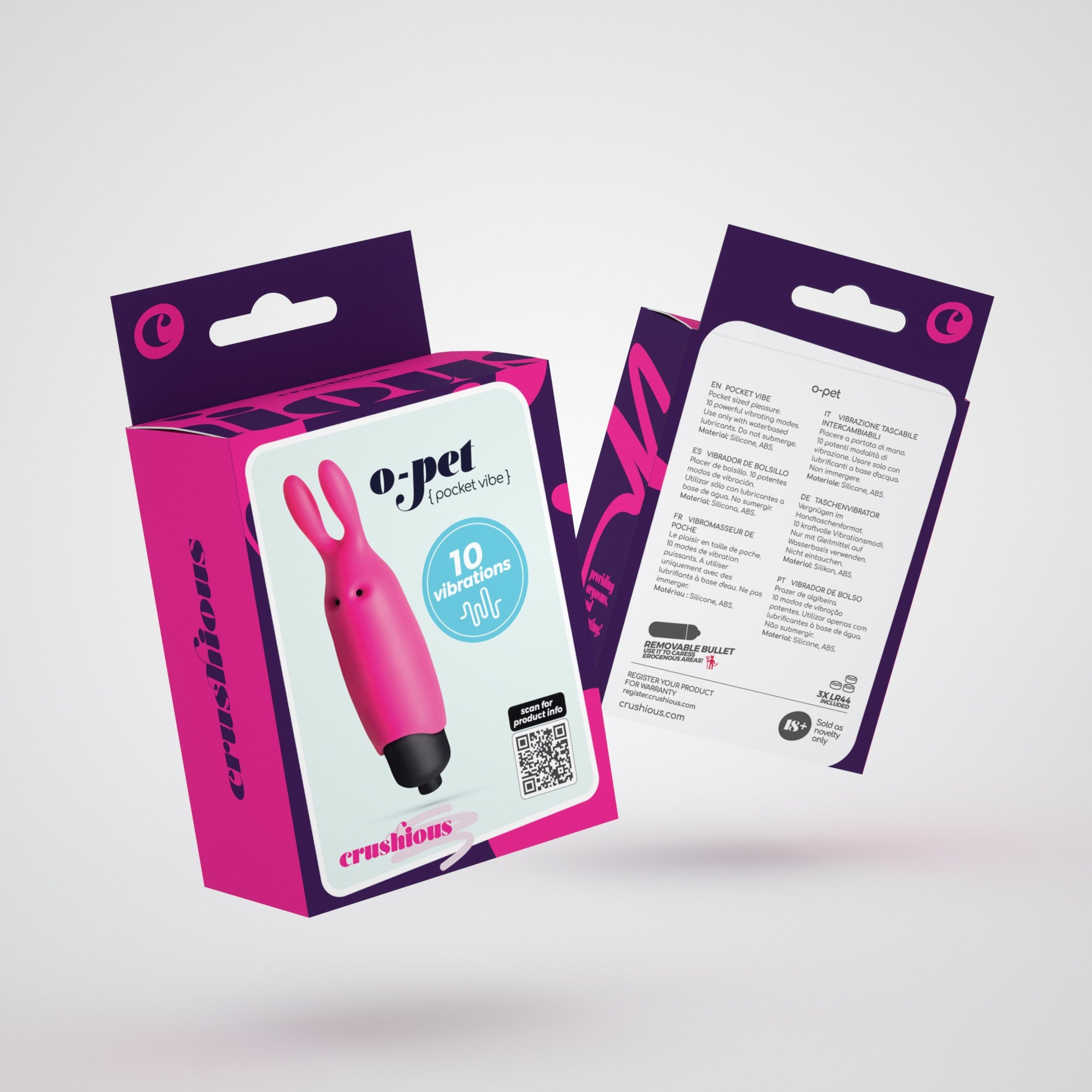 SexToy mini Bullet 'O-Pet': bullet tascabile con rivestimento in silicone a forma di tenero coniglietto rosa, 10 livelli di vibrazione fra cui scegliere, a batterie.