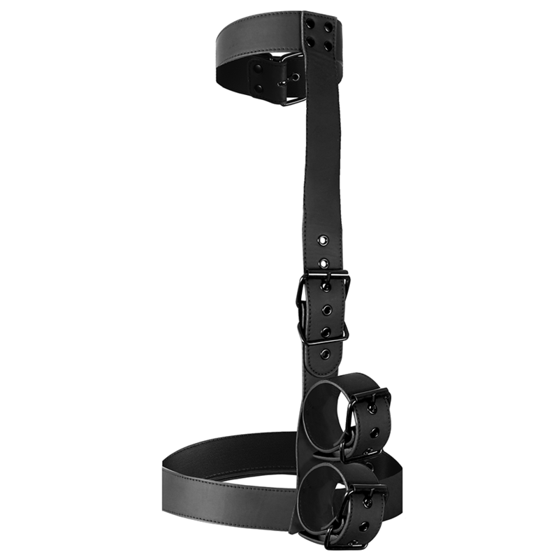 SexToy BDSM - Cinghie Collo e Polsi Deluxe: cinghie con struttura in pelle vegana morbida ma resistente, due cinghie da mettere attorno al collo e alla vita, collegate da una cinghia centrale che abbraccia la schiena con due manette bloccanti per trattenere i polsi dietro: tutto pensato per lasciarsi andare... con stile. 100% nichel-free.