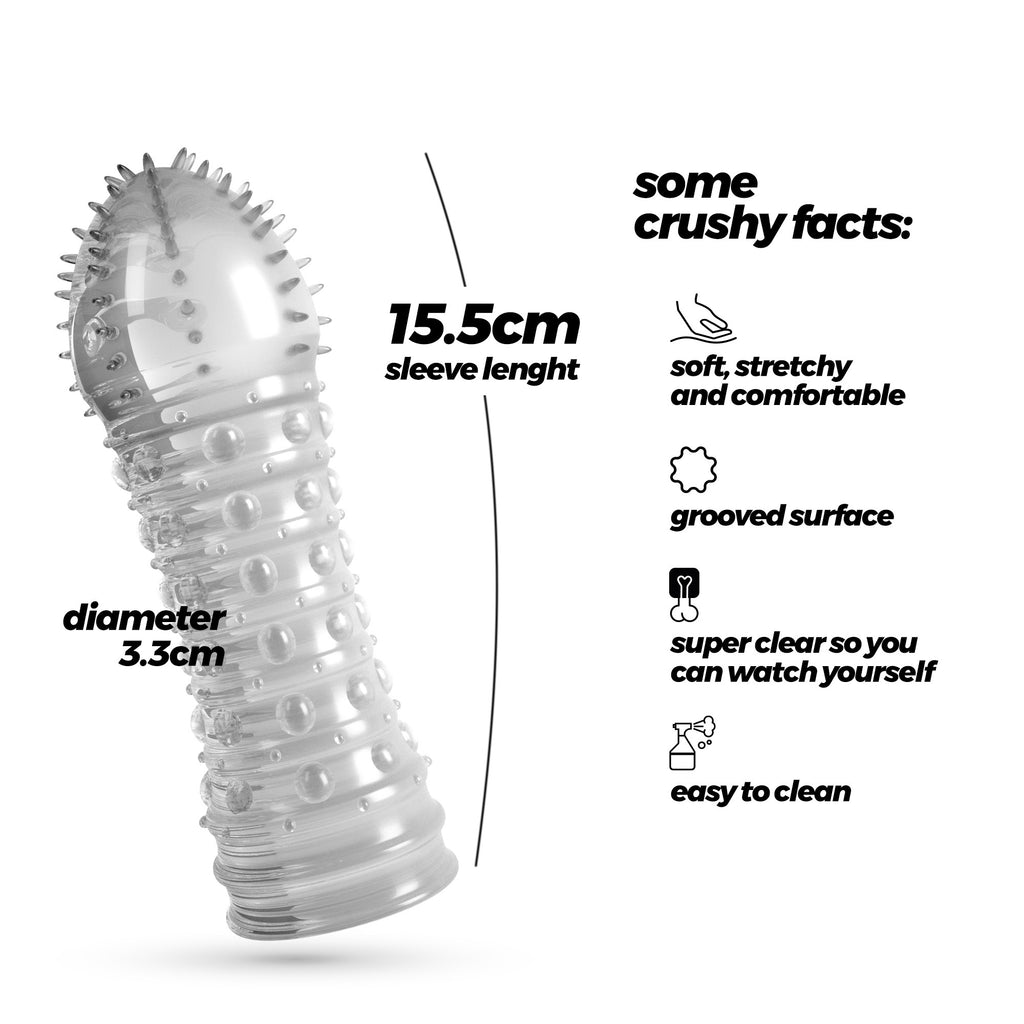 Non solo lunghezza, ma spessore, stimolazione e puro divertimento. Ecco a te Dickleberg, la guaina estensiva che pensa al piacere di tutti. Il glande è costellato di setoline, mentre il corpo è decorato con sporgenze...che trasformano ogni momento in un delirio di sensazioni.