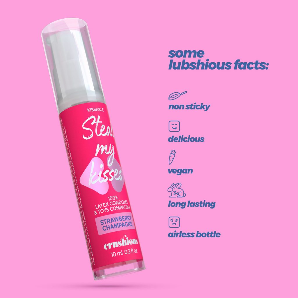 Lubrificante aromatizzato JELLY gusto fragola e champagne: 100% baciabile e compatibile con ogni tipo di preservativo o sextoy. Confezione spray da 10ml.