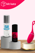 Kit Kats: kit di 3 prodotti per il benessere intimo sessuale. Ovetto vibrante telecomandato Ariel con applicazione per controllo da remoto, olio vibrante VIBROH, lubrificante waterbase S8. 