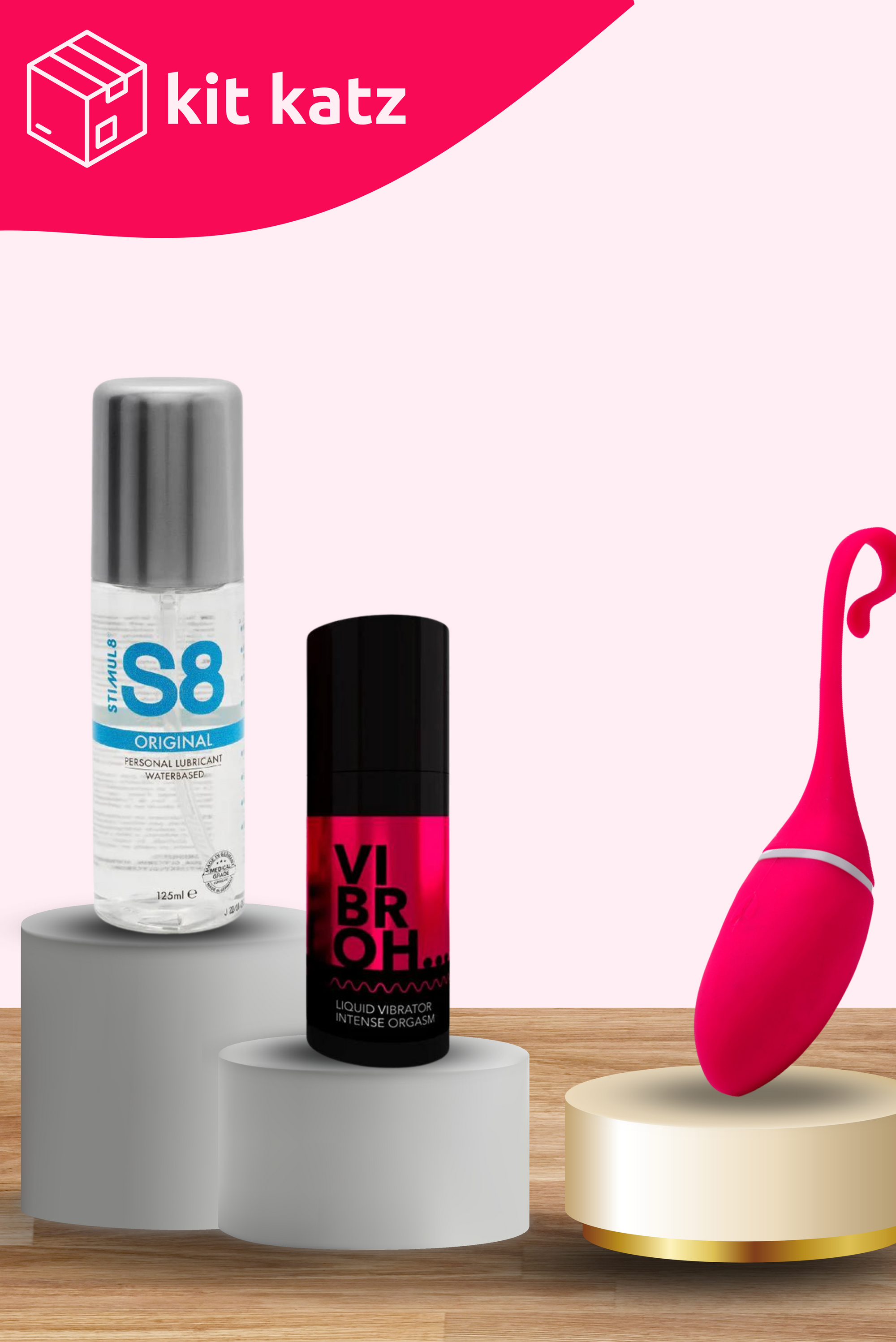 Kit Kats: kit di 3 prodotti per il benessere intimo sessuale. Ovetto vibrante telecomandato Ariel con applicazione per controllo da remoto, olio vibrante VIBROH, lubrificante waterbase S8. 