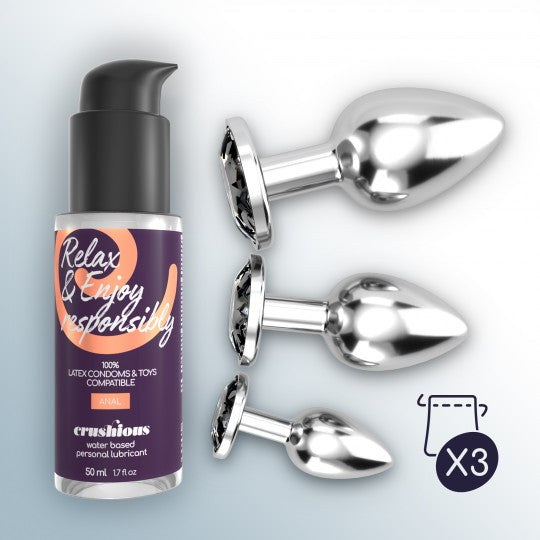 Questo kit è pensato per chi vuole esplorare il piacere per gradi: include 3 plug in metallo – piccolo, medio e grande – impreziositi da un brillante sulla base, e un lubrificante anale formulato per accompagnarti con comfort e scivolosità extra.