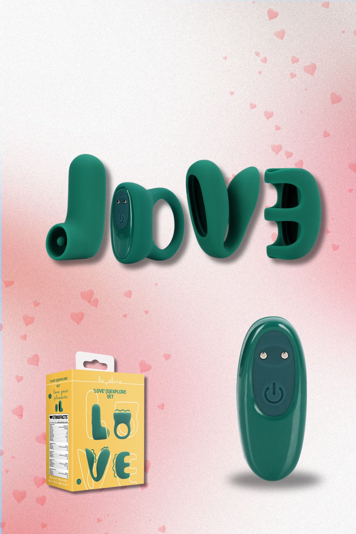 Kit LOVE: 4 toys, 1 bullet intercambiabile! Include stimolatore clitorideo (L), anello fallico (O), ovetto doppia stimolazione (V) e stimolatore da dito (E). Gioca, esplora e ama intensamente!