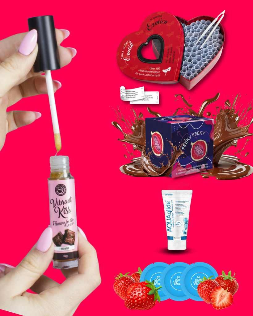 Kit Amore Zozzo: kit di prodotti per il benessere intimo sessuale. Lubrificante a base d'acqua, confetti afrodisiaci al peperoncino, gioco erotico per coppie Cuore a Cuore, lucidalabbra lubrificante a effetto vibrante