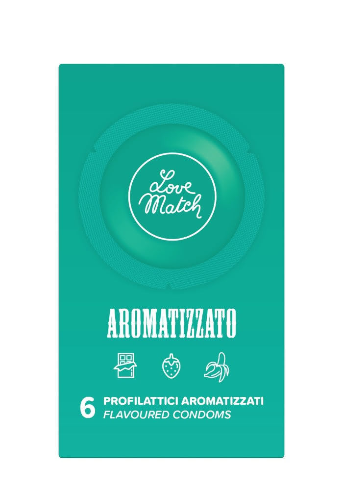 Preservativo Love Match aromatizzato: profilattici aromatizzati gusto banana, fragola o cioccolato. Pack da 6 pezzi.