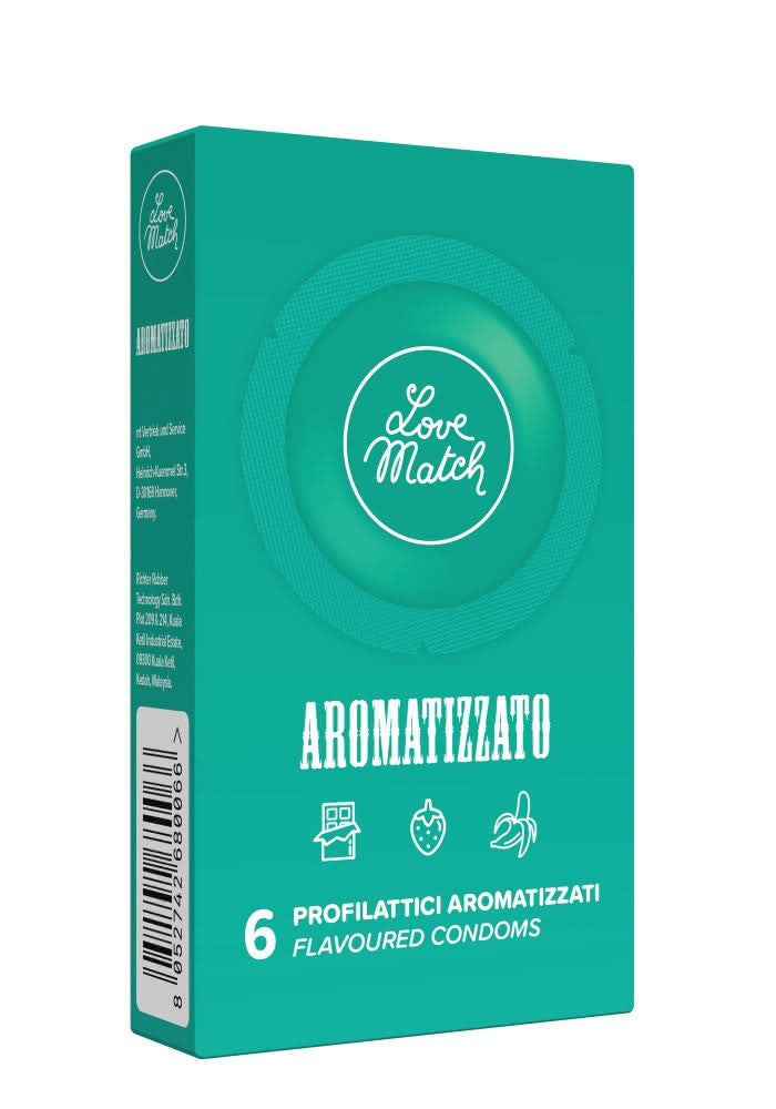 Pack di profilattici aromatizzati LoveMatch gusto fragola, cioccolato o banana