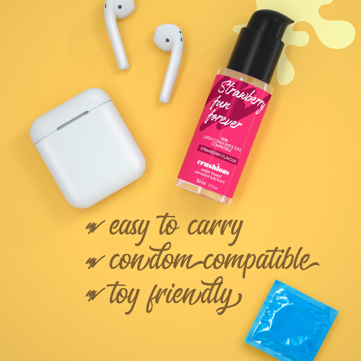 Lubrificante Crushios alla fragola 50ml: lubrificante e stimolatore liquido a base di acqua compatibile con tutti i tipi di sextoy e di preservativi. 