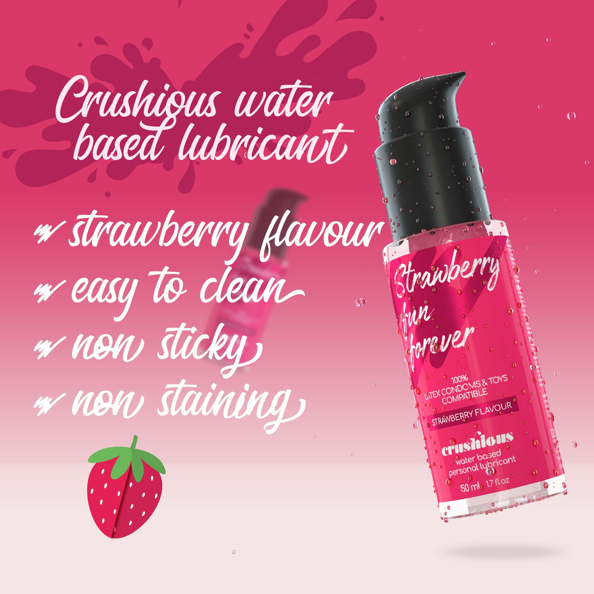 Lubrificante Crushios alla fragola 50ml: lubrificante e stimolatore liquido a base di acqua compatibile con tutti i tipi di sextoy e di preservativi. 