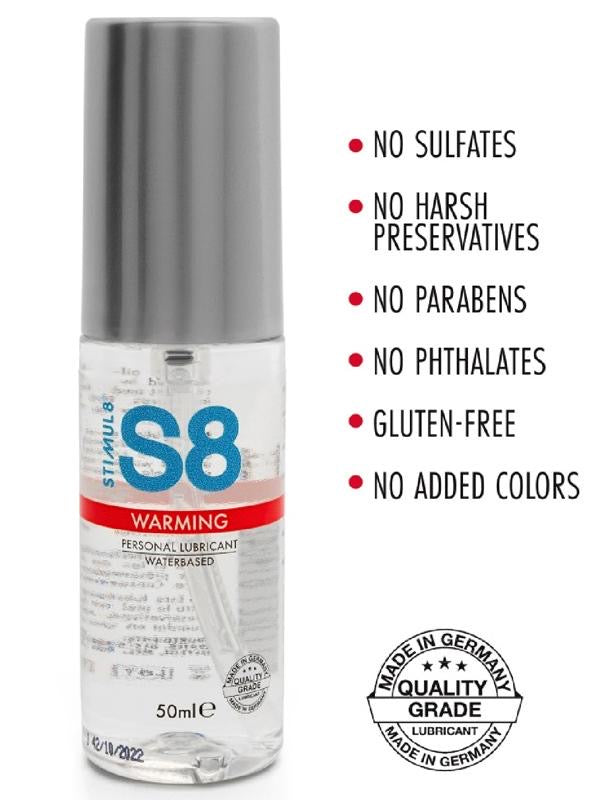 Lubrificante S8 Warming: lubrificante a base di acqua (waterbase) ad effetto riscaldante. Formula naturale, confezione da 50ml