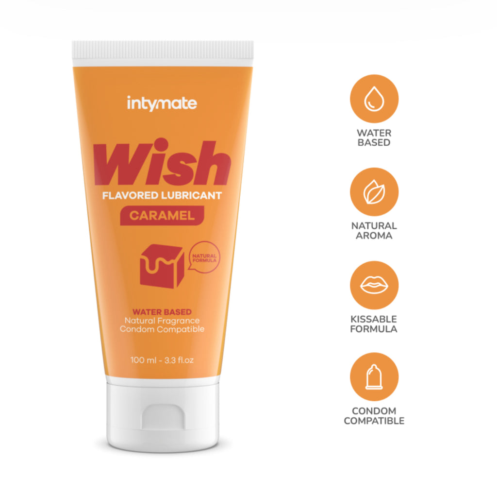 Lubrificante aromatizzato Intymate al gusto di caramello. Perfetto per preliminari ma anche per ogni altro tipo di attivita` sessuale: lubrificante a base d'acqua compatibile con ogni tipo di sex toy o profilattico. Confezione da 100ml.