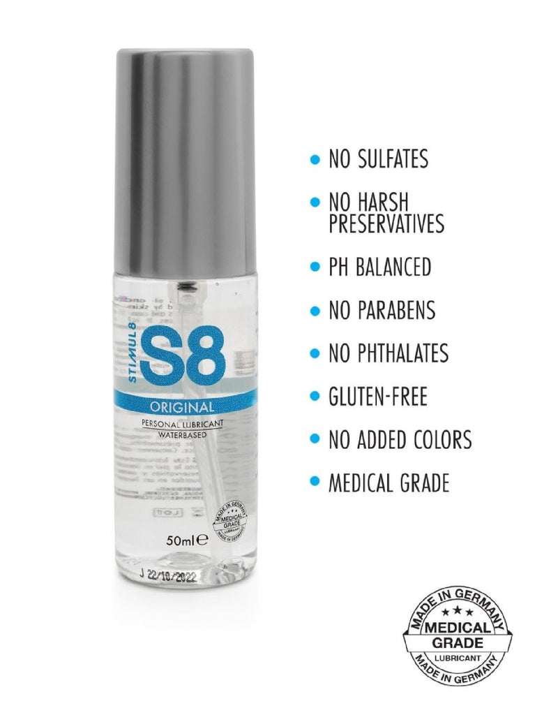 Lubrificante waterbase S8: lubrificante naturale a base d'acqua per rapporti intimi. Compatibile con tutti i tipi di preservativi e sextoys.