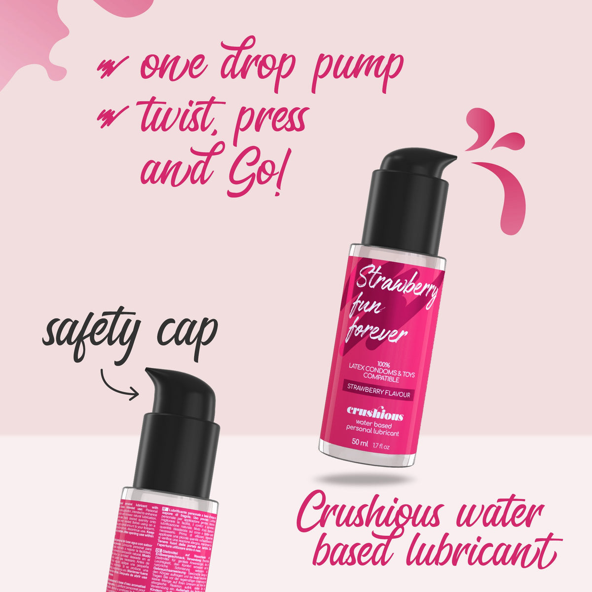 Lubrificante Crushios alla fragola 50ml: lubrificante e stimolatore liquido a base di acqua compatibile con tutti i tipi di sextoy e di preservativi. 