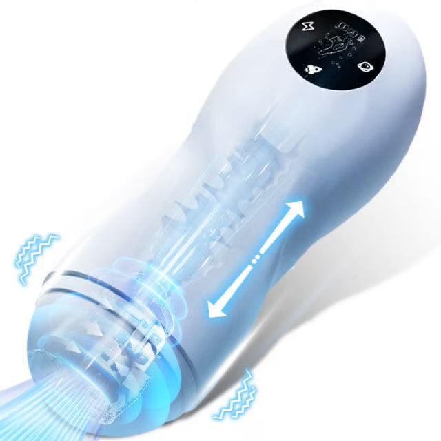 Pandora: masturbatore per uomini multi-funzione con schermo touch e interno con inserti e scalanature ultra-stimolanti. 