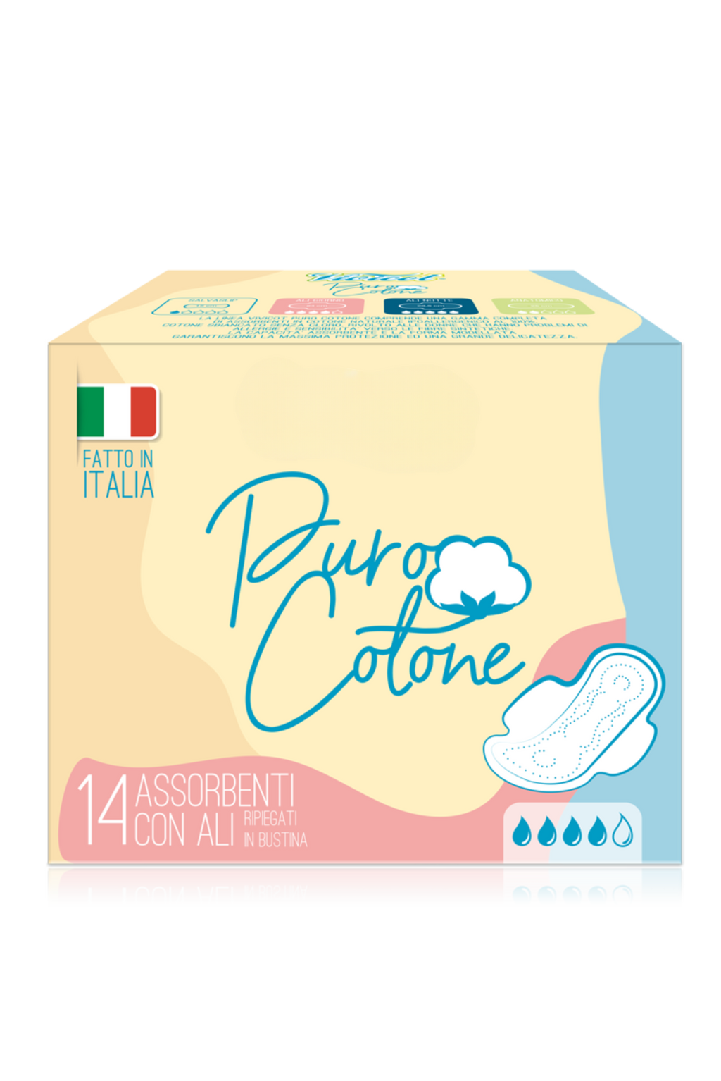 Kit di 14 assorbenti giorno, 10 assorbenti notte e 20 salvaslip. Puro cotono, completamente vegano e cruelty-free. 
