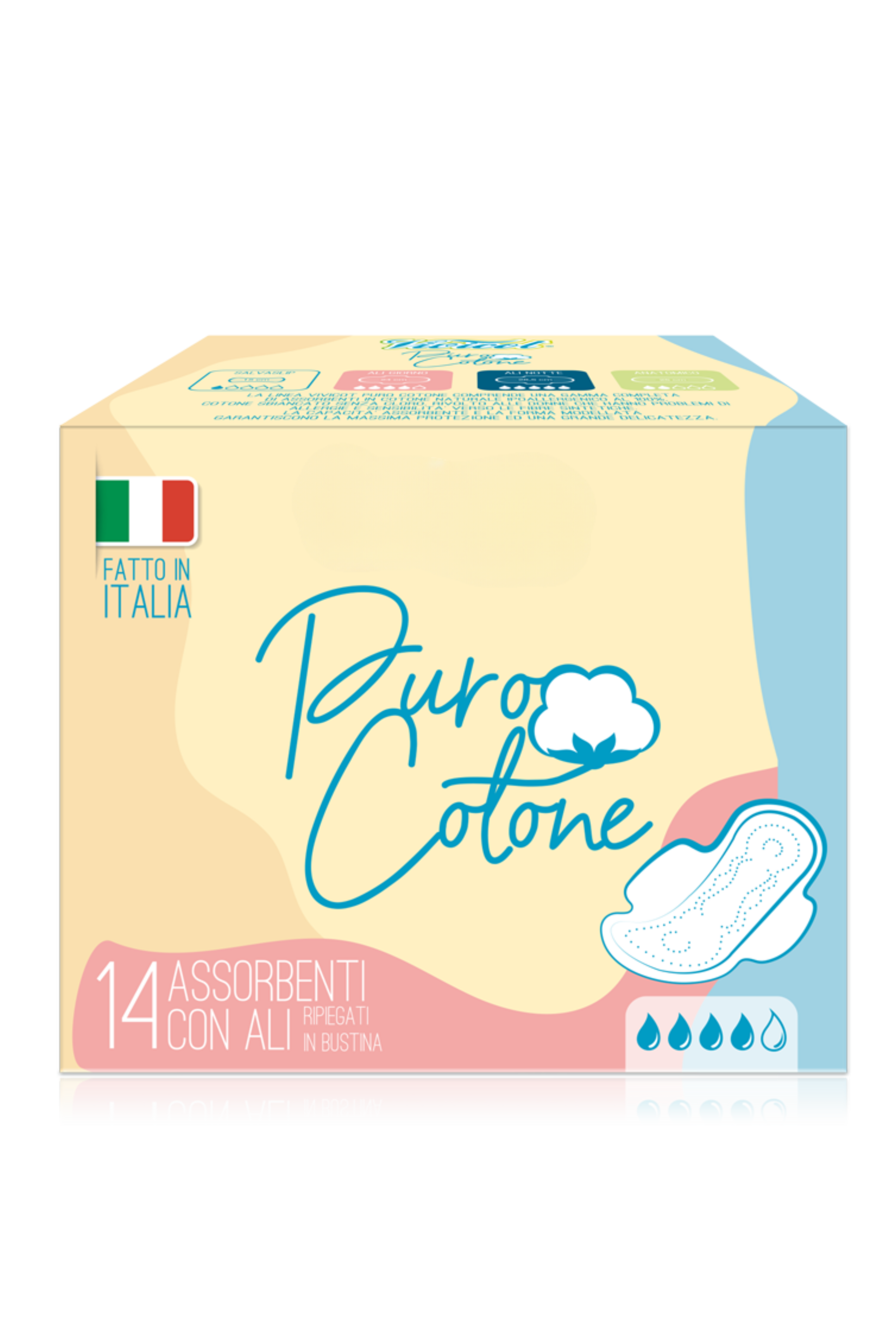 Kit di 14 assorbenti giorno, 10 assorbenti notte e 20 salvaslip. Puro cotono, completamente vegano e cruelty-free. 