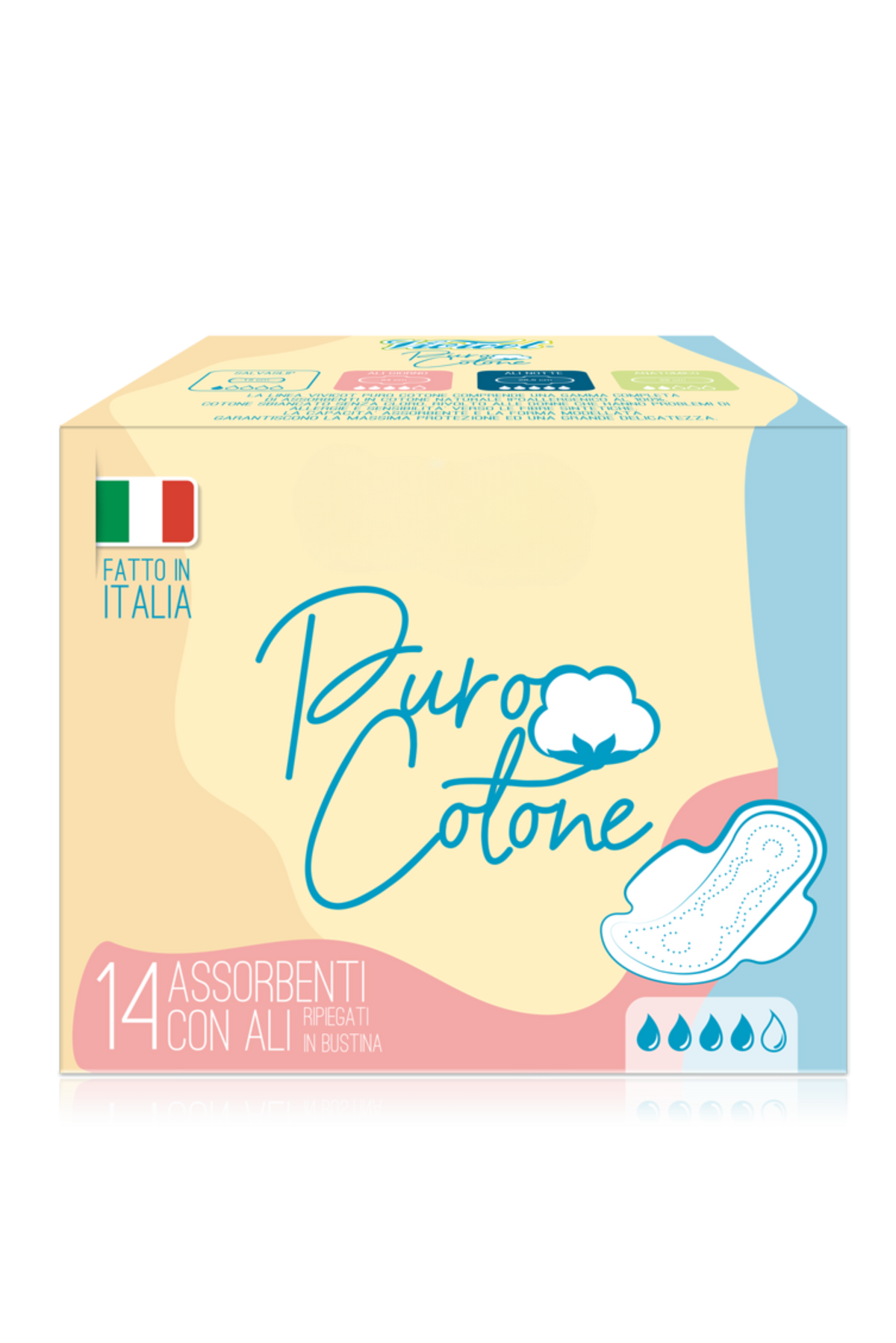 Kit di 14 assorbenti giorno, 10 assorbenti notte e 20 salvaslip. Puro cotono, completamente vegano e cruelty-free. 