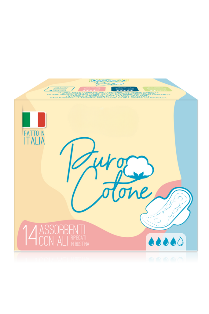 Kit di 14 assorbenti giorno, 10 assorbenti notte e 20 salvaslip. Puro cotono, completamente vegano e cruelty-free. 