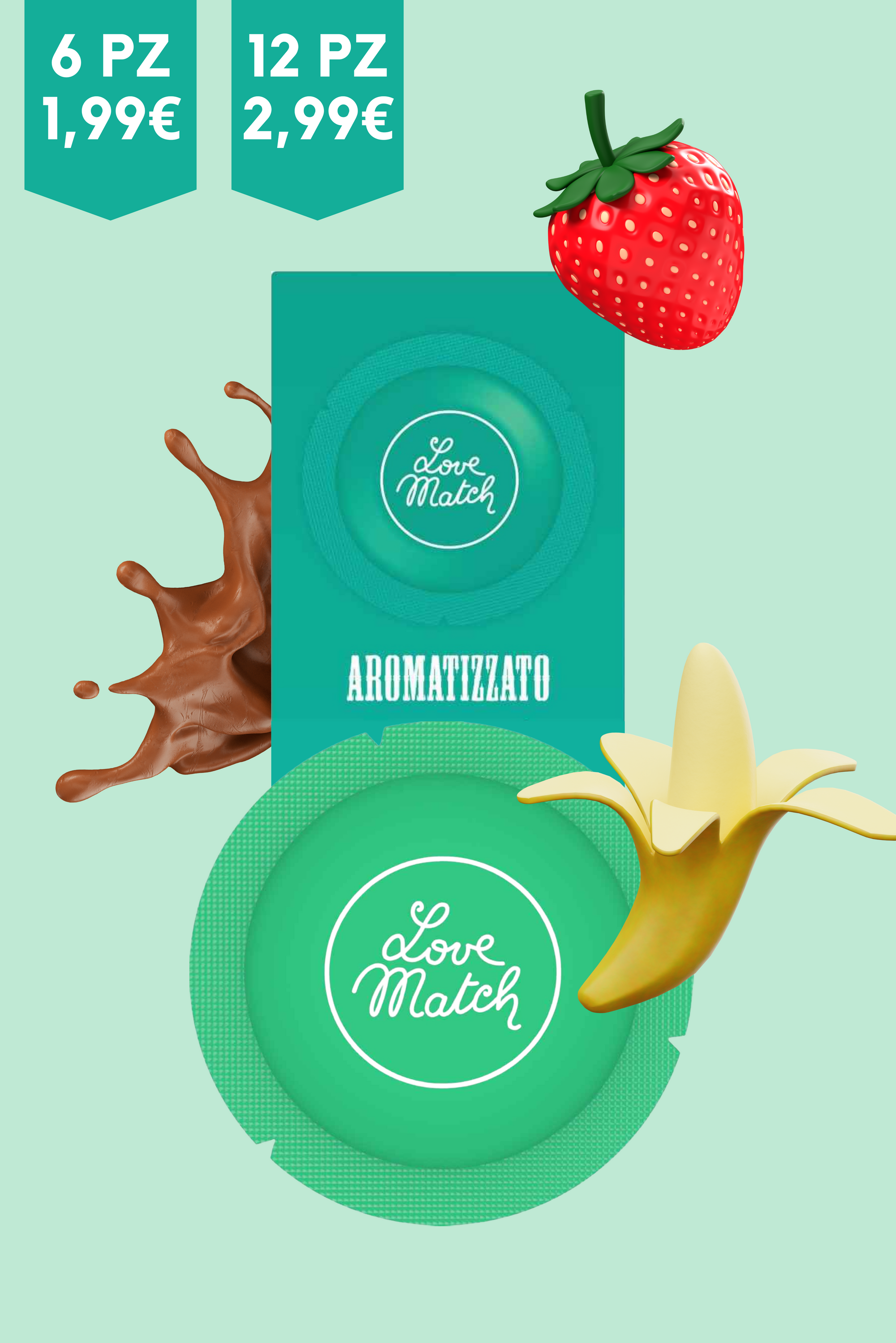 pack di preservativi aromatizzati gusto banana, fragola e cioccolato