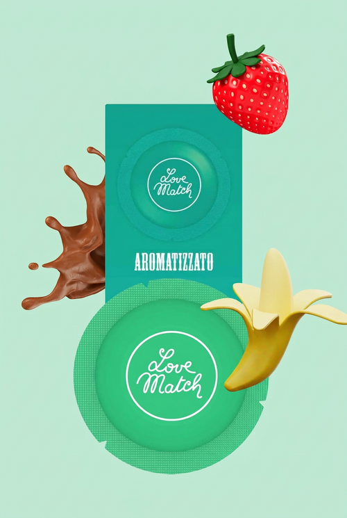 pack di preservativi aromatizzati gusto banana, fragola e cioccolato