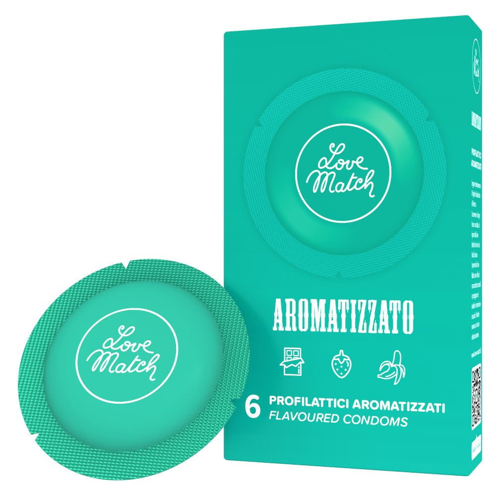 Preservativo Love Match aromatizzato: profilattici aromatizzati gusto banana, fragola o cioccolato. Pack da 6 pezzi.