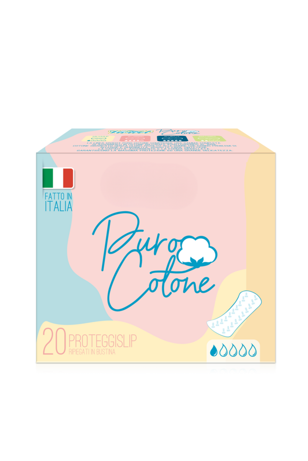 Kit di 14 assorbenti giorno, 10 assorbenti notte e 20 salvaslip. Puro cotono, completamente vegano e cruelty-free. 