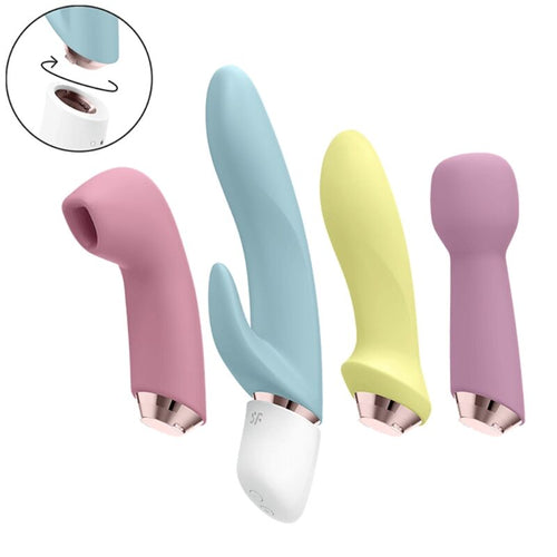 Quattro testine intercambiabili – Dalla potenza del wand al tocco preciso del succhiaclitoride, passando per le vibrazioni classiche e quelle doppie del rabbit, Kit TroppoVuole e` il kit perfetto per chi non si accontenta. 