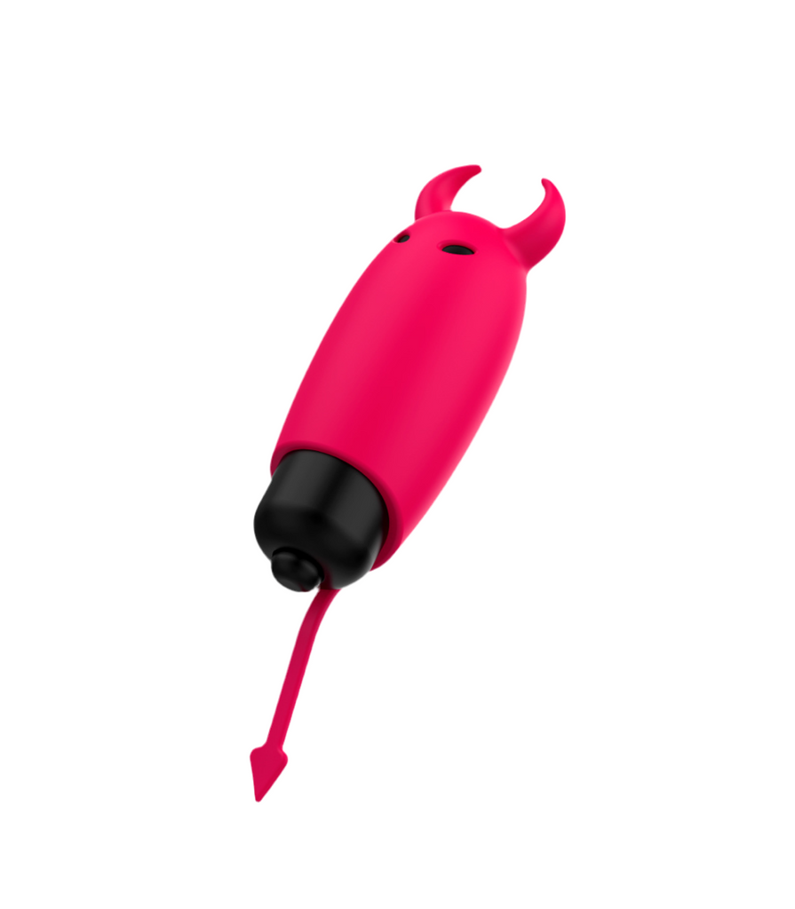 Sextoy da stimolazione esterna: vibratore bullet con copertura in silicone ipoallergenico a forma di diavoletto.