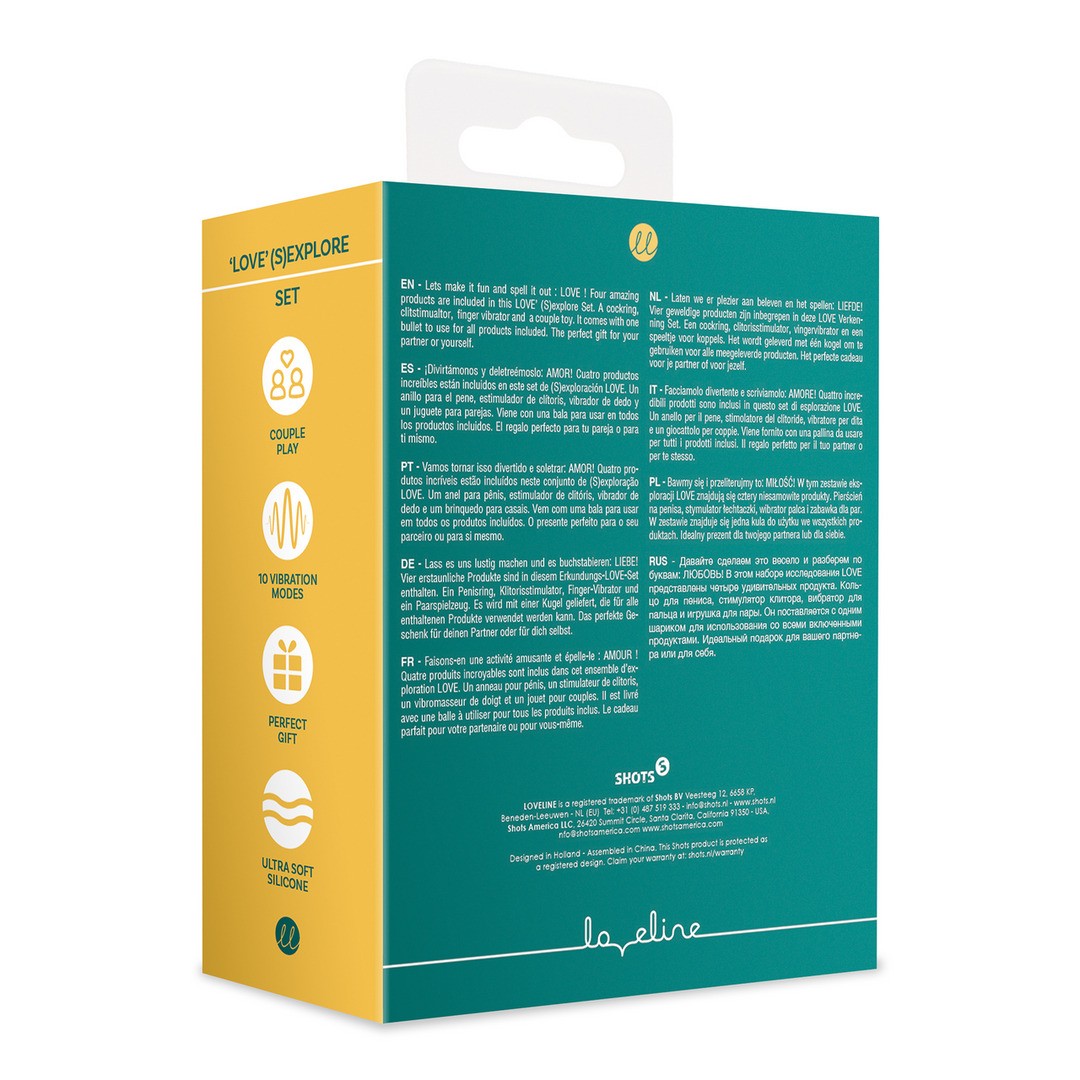 Kit LOVE: 4 toys, 1 bullet intercambiabile! Include stimolatore clitorideo (L), anello fallico (O), ovetto doppia stimolazione (V) e stimolatore da dito (E). Gioca, esplora e ama intensamente!