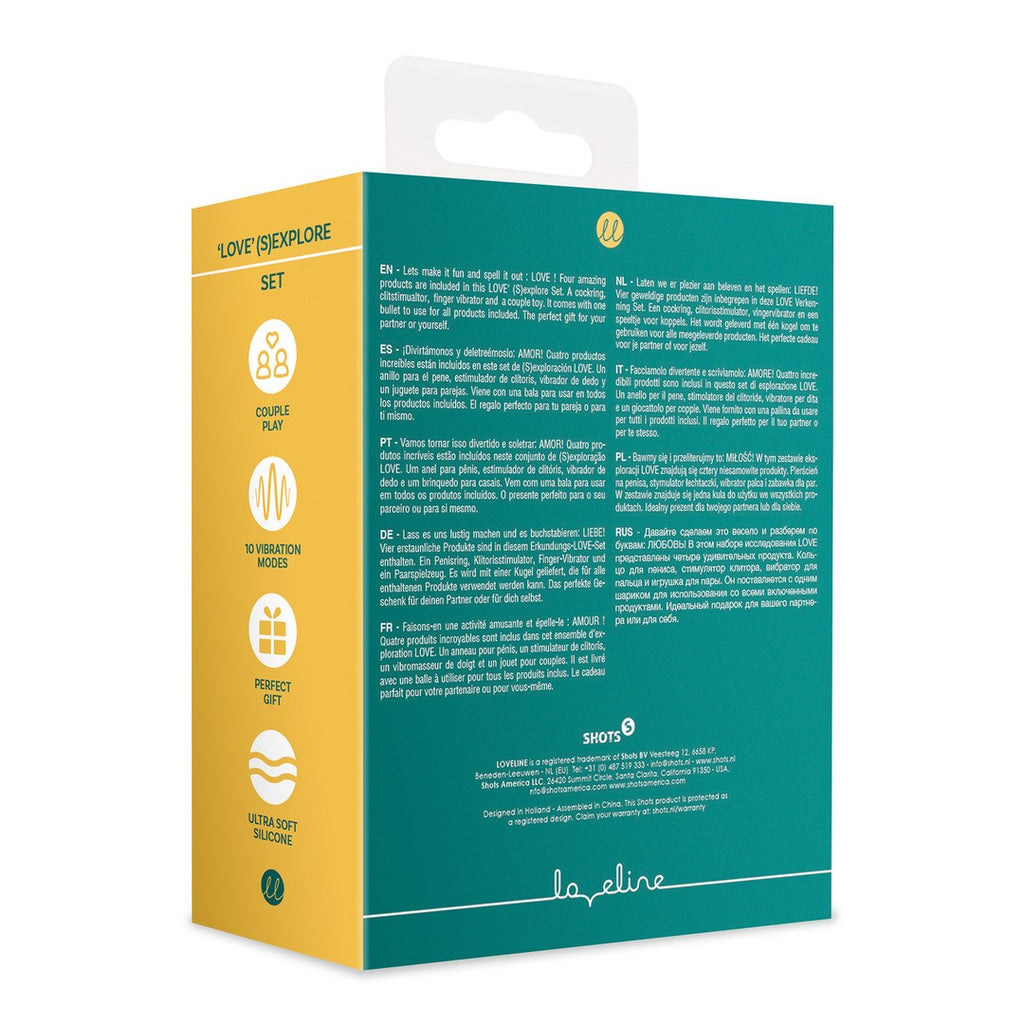 Kit LOVE: 4 toys, 1 bullet intercambiabile! Include stimolatore clitorideo (L), anello fallico (O), ovetto doppia stimolazione (V) e stimolatore da dito (E). Gioca, esplora e ama intensamente!