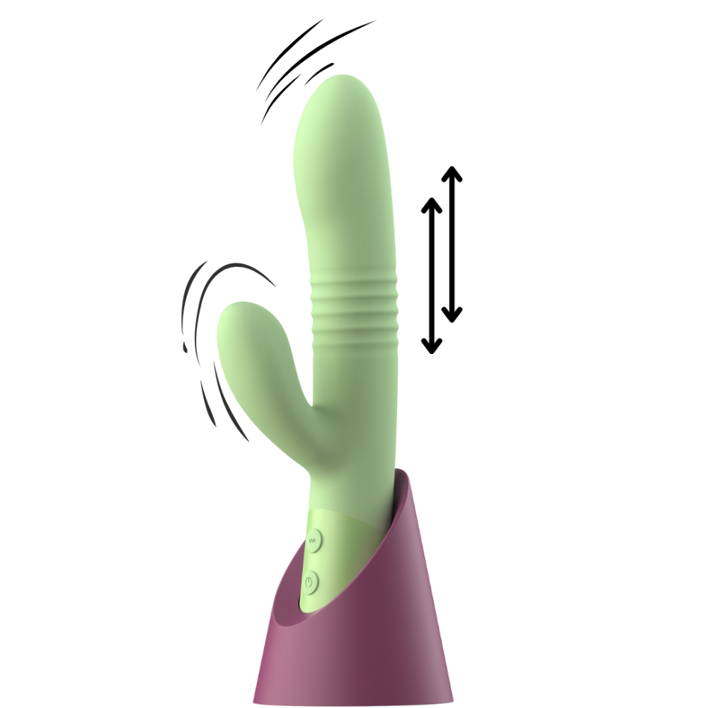 Vibratore rabbit doppia stimolazione WOODY: vibratore multi-funzione per stimolazione clitoridea e vaginale con movimento integrato "su e giu`". Materiale silicone biocompatibile; Brand: FeekyFeeky.