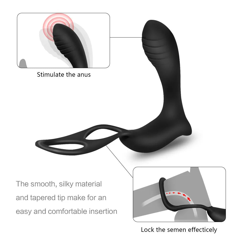 Anello fallico per pene e scroto con inserto plug vibrante, Tripla stimolazione.