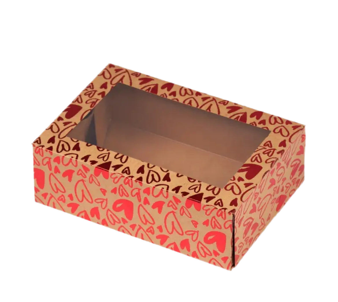 Scatola/ confezione da pacco regalo decorata con cuori. Coperchio trasparente.