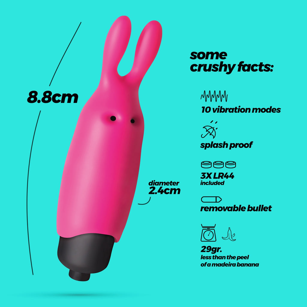 SexToy mini Bullet 'O-Pet': bullet tascabile con rivestimento in silicone a forma di tenero coniglietto rosa, 10 livelli di vibrazione fra cui scegliere, a batterie.