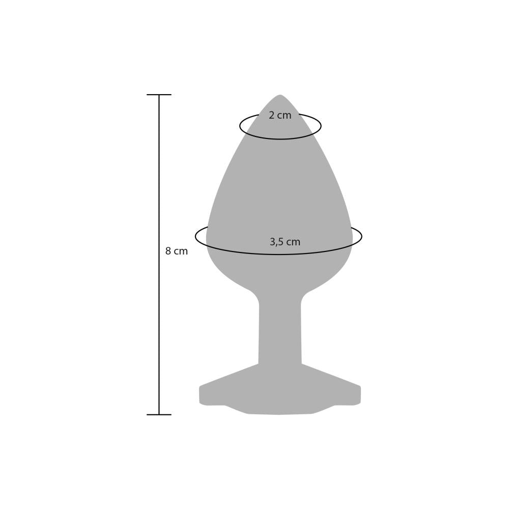 Il Plug Diamond Booty Jewel è disponibile in due taglie - La versione Small ha un diametro di 2.5 cm e una lunghezza di 7 cm, la versione Medium, con un diametro di 3.5 cm e una lunghezza di 8 cm, offre una sensazione piena e avvolgente.