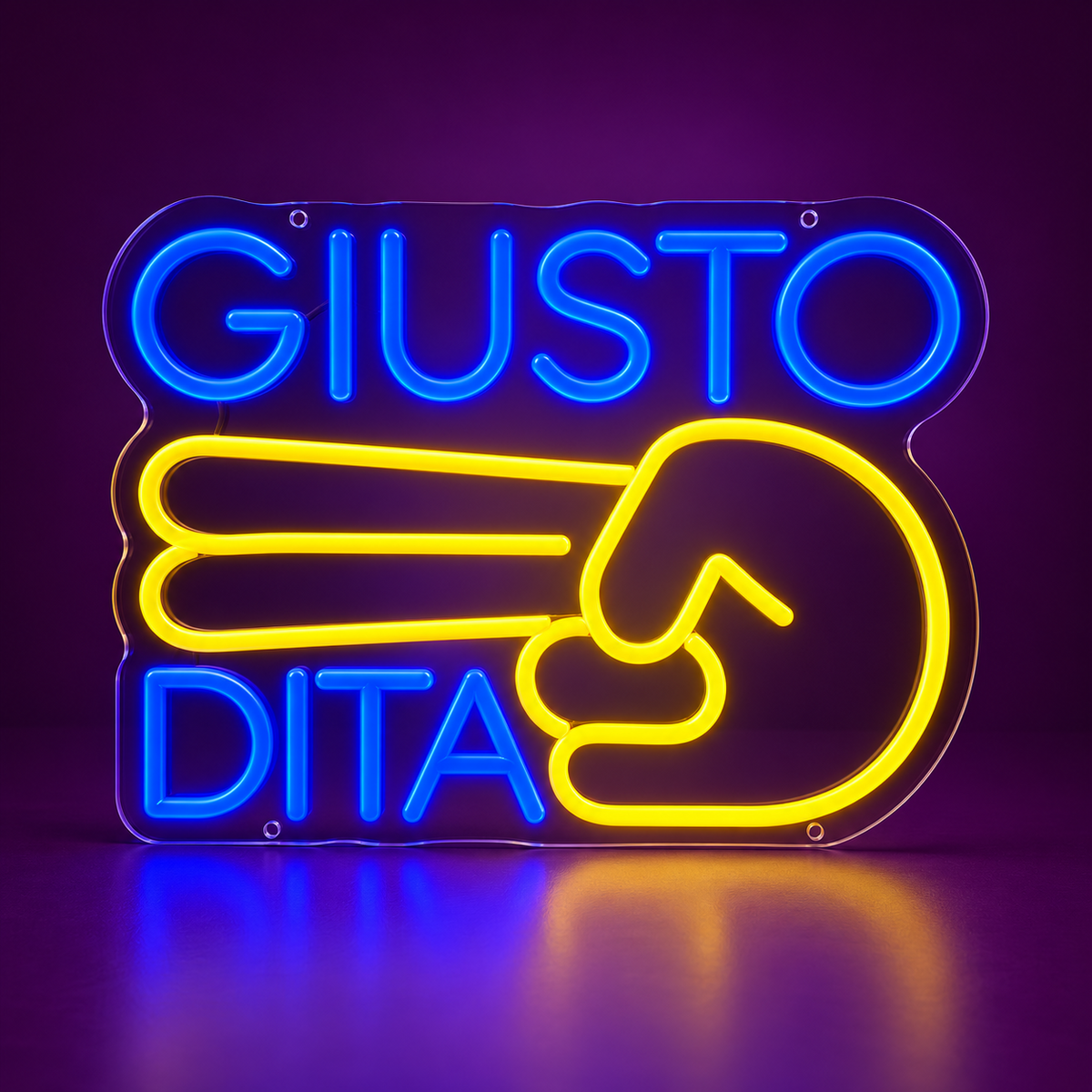 Luce LED GIUSTO DUE DITA blu e gialla, vista frontale
