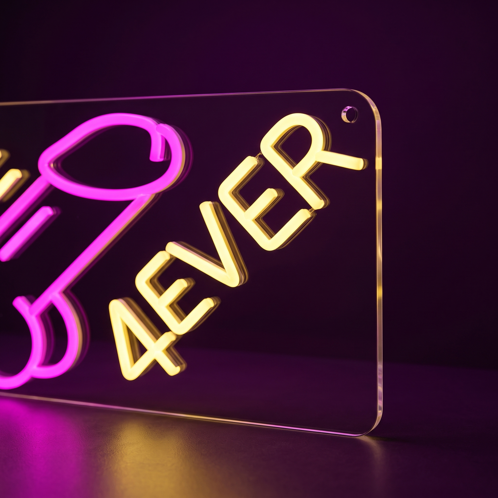 Dettaglio della scritta LED gialla 4EVER e dell'angolo del pannello
