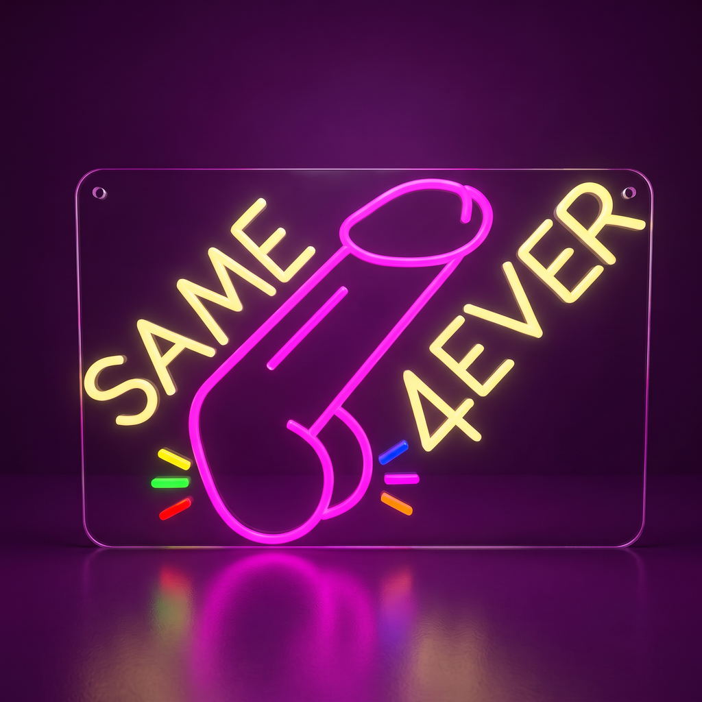Luce LED SAME COCK FOREVER gialla e rosa, vista frontale