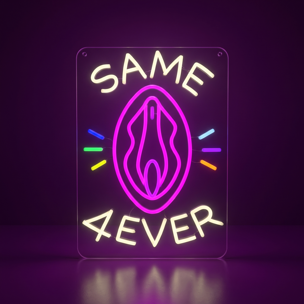 Luce LED SAME VAGINA FOREVER bianca e viola, vista frontale