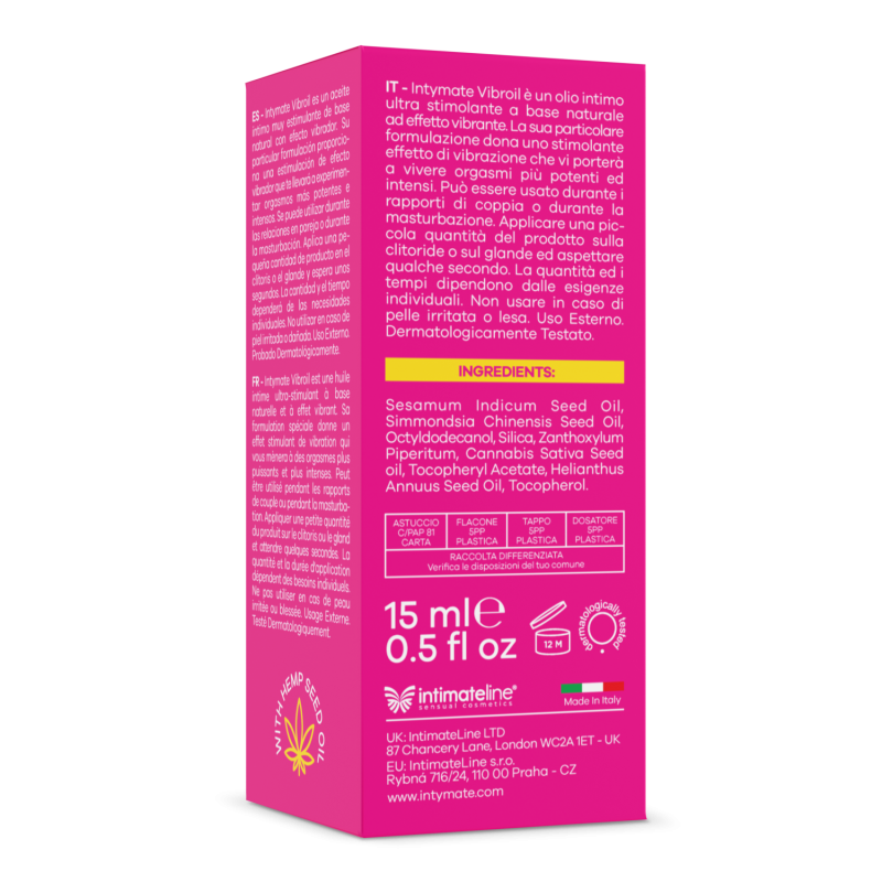 Olio ad uso intimo ad effetto vibrante: olio dalla formula naturale con proprieta` stimolanti. Completamente organico e vegano.