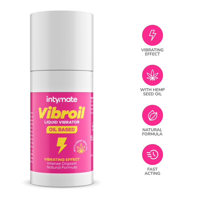 Olio ad uso intimo ad effetto vibrante: olio dalla formula naturale con proprieta` stimolanti. Completamente organico e vegano.