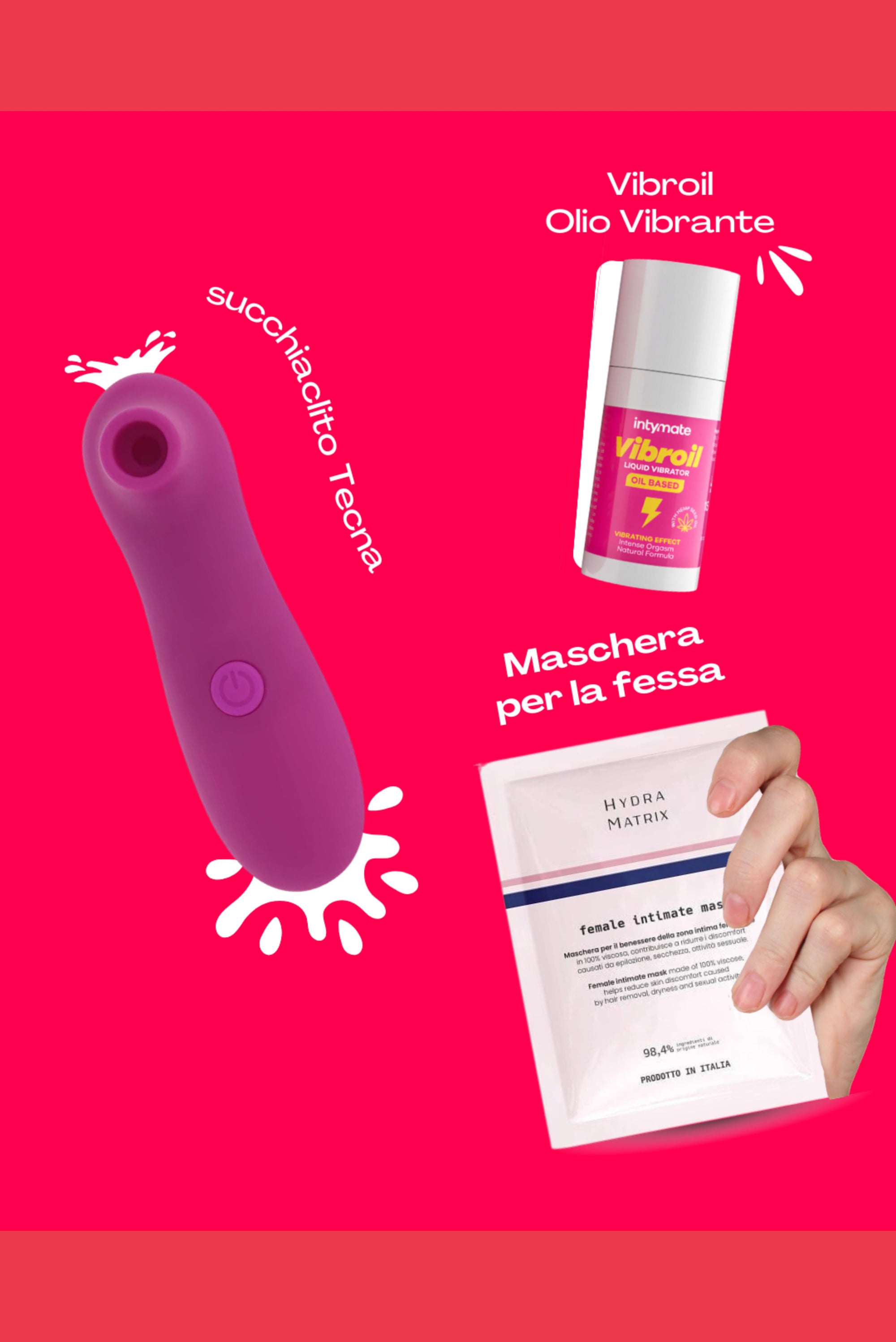 Kit-Trovaunamica: Succhiaclitoride, Olio Vibrante e Maschera Vulvare