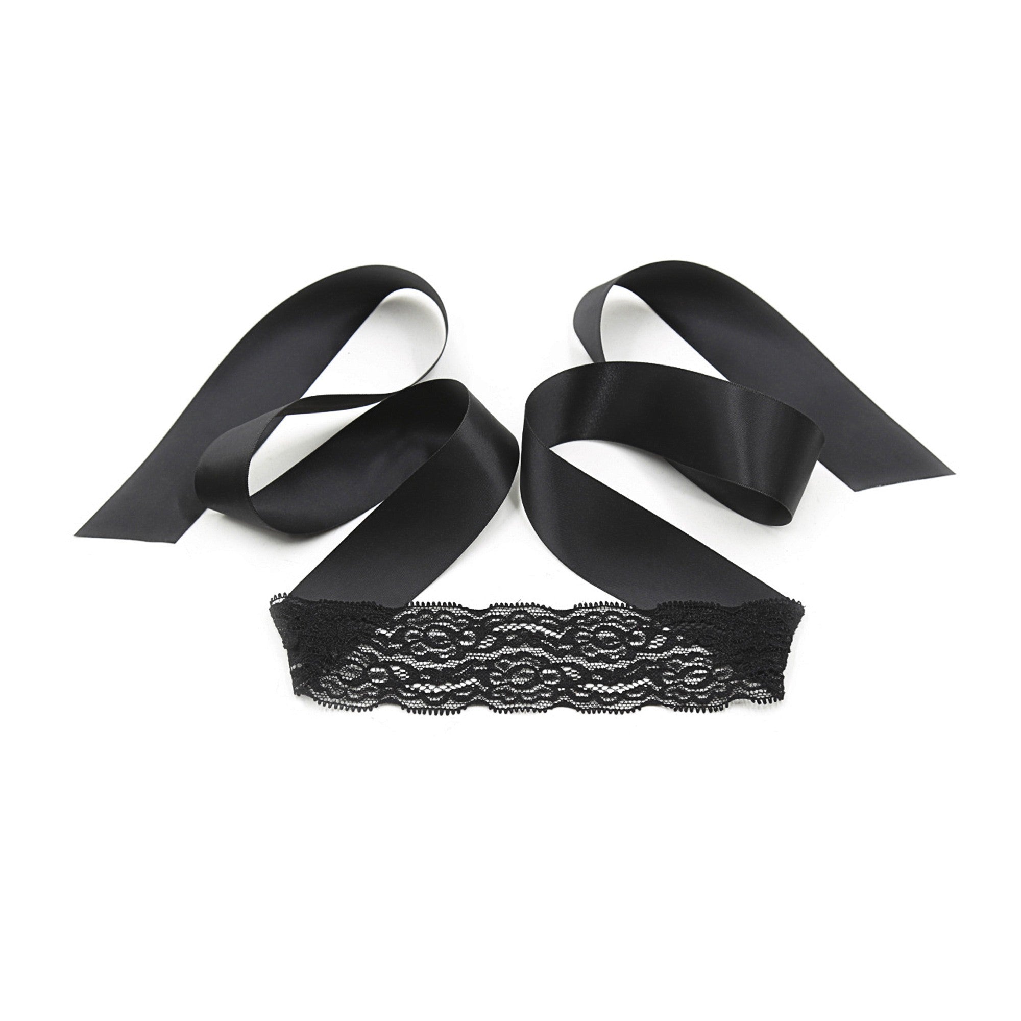 Bondage Kit 'Anastasia' - kit di accessori sexy: polsiere elastichee in raso, benda per gli occhi in pizzo e copricapezzoli riutilizzabili con decorazioni in pizzo. 
