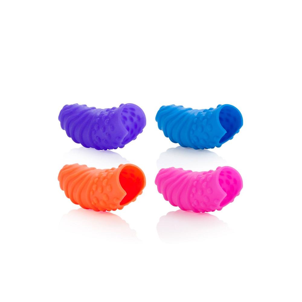 set di 4 guaine colorate in silicone che si posizionano sul dito e sono perfette per laa stimolazione delle zone erogene. SexToy in silicone.