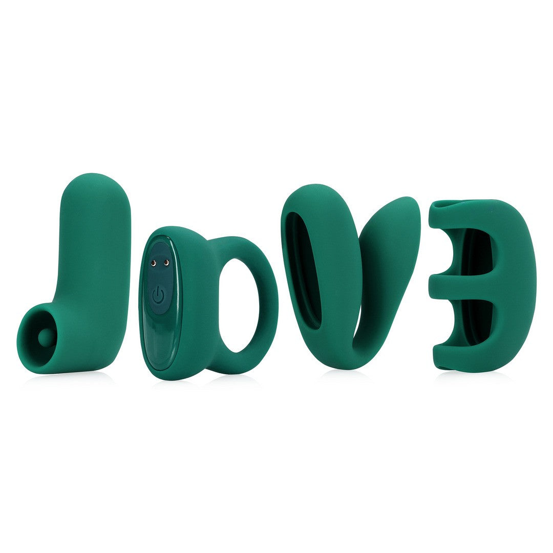 Kit LOVE: 4 toys, 1 bullet intercambiabile! Include stimolatore clitorideo (L), anello fallico (O), ovetto doppia stimolazione (V) e stimolatore da dito (E). Gioca, esplora e ama intensamente!
