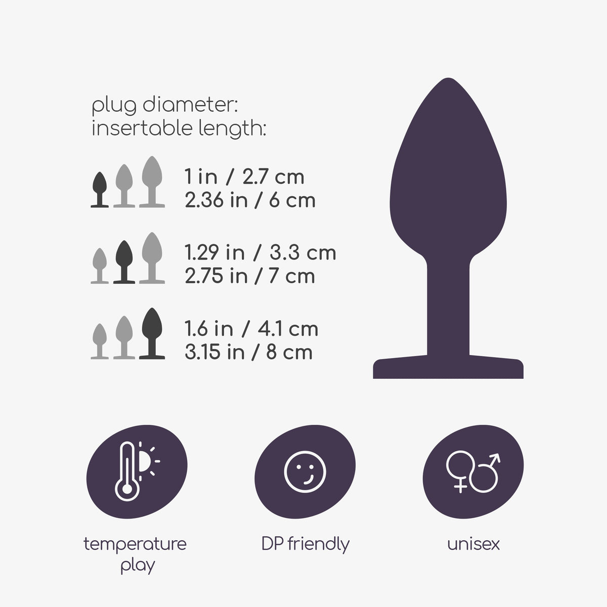 Kit di 3 plug in metallo aventi 3 diverse dimensioni, stoppino ecorato con brillante